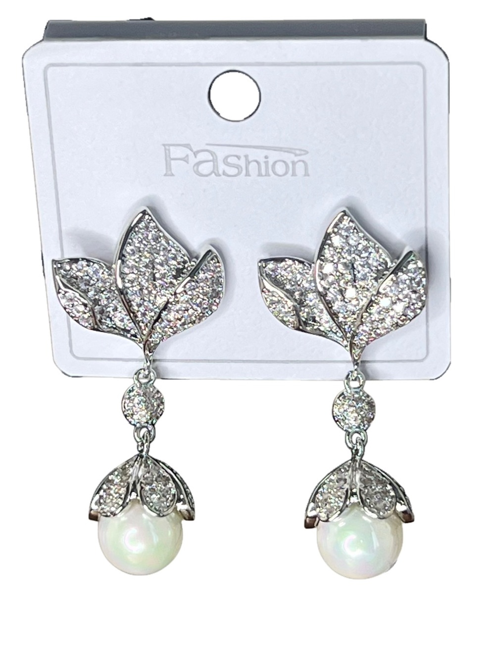 Silvertone Crystal Leaf Drop Earrings with Faux Pearl Accent